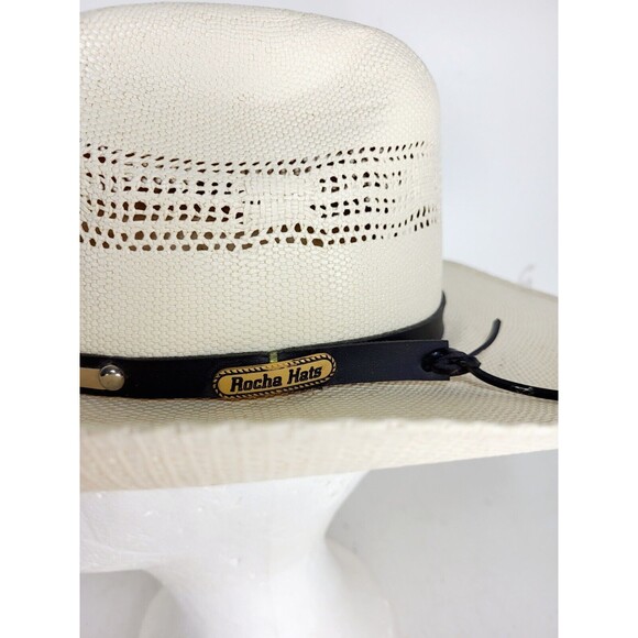 Vintage Rocha Hats Western Cowboy Hat Woven Straw Studded Leather Band 7 1/4" - Picture 11 of 11